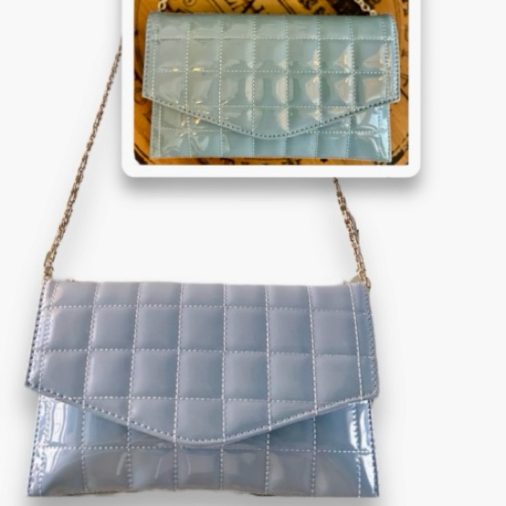 🌸🌷Crossi Blue Envelope Style Patent Puffy Quilted Crossbody Shoulder Bag Clutch - Picture 3 of 16